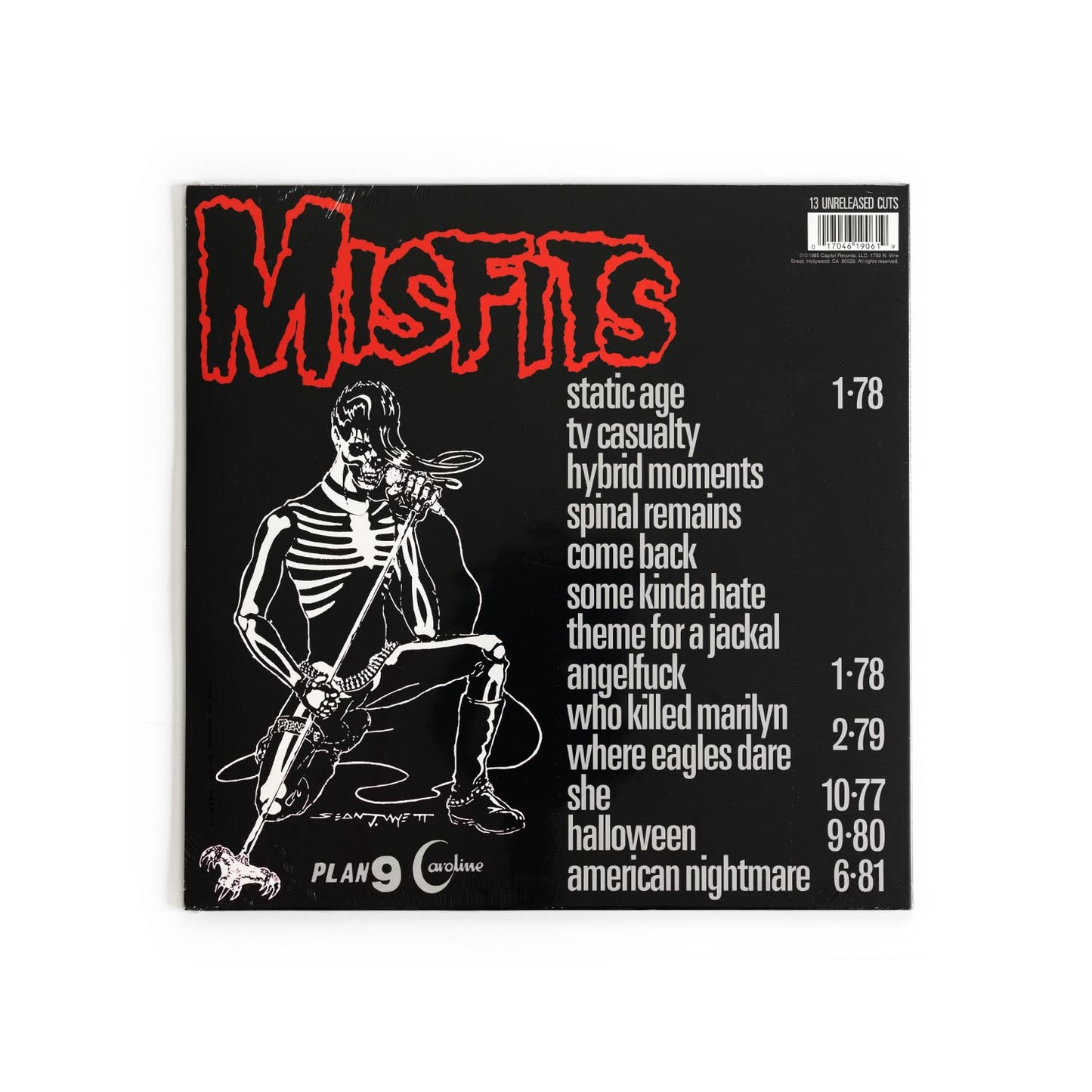 Back cover of Misfits – Legacy of Brutality, showing skeletal artwork and full tracklist with Plan 9 and Caroline Records branding. Pressed in 2005.