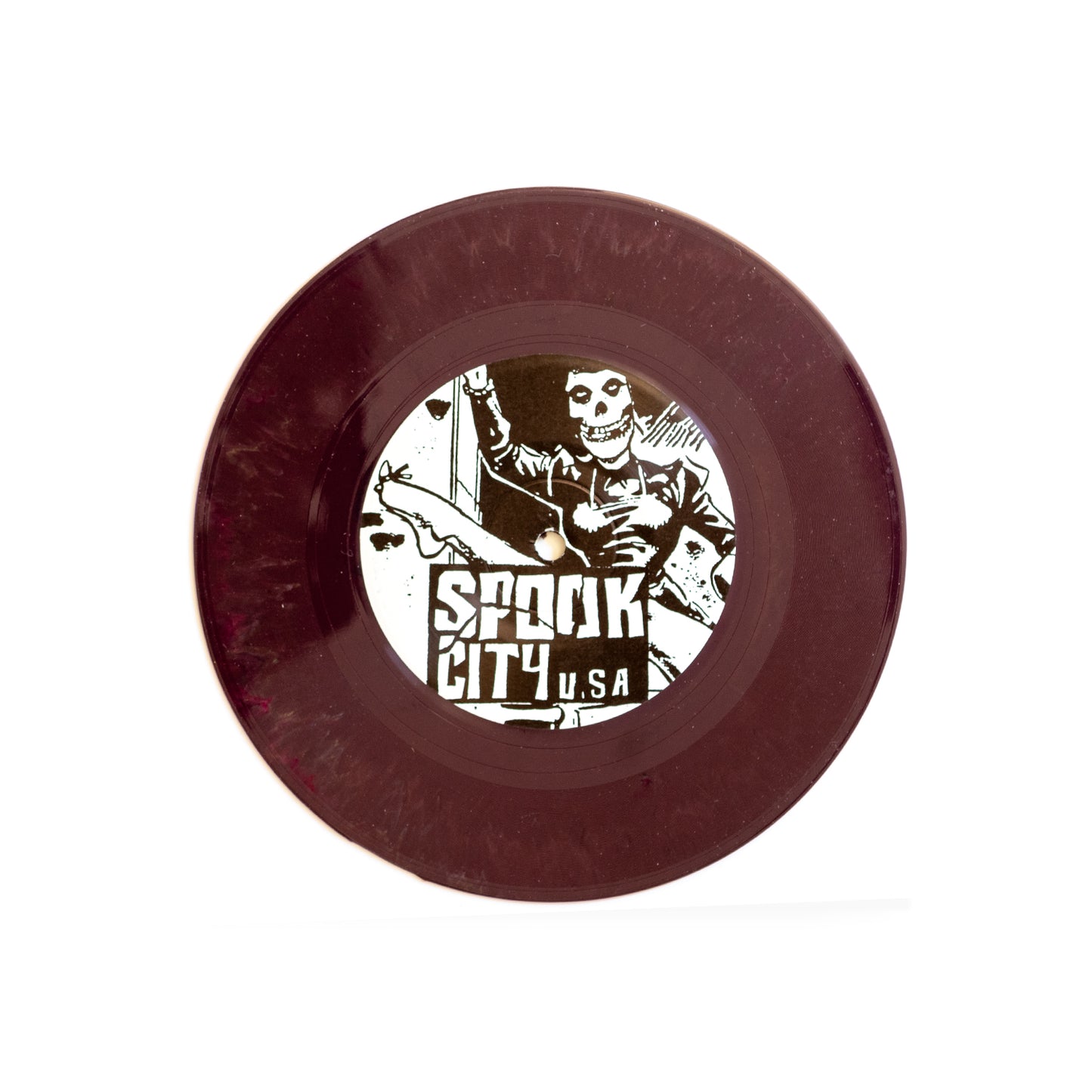 Maroon vinyl record with 'Spook City USA' label on a white background