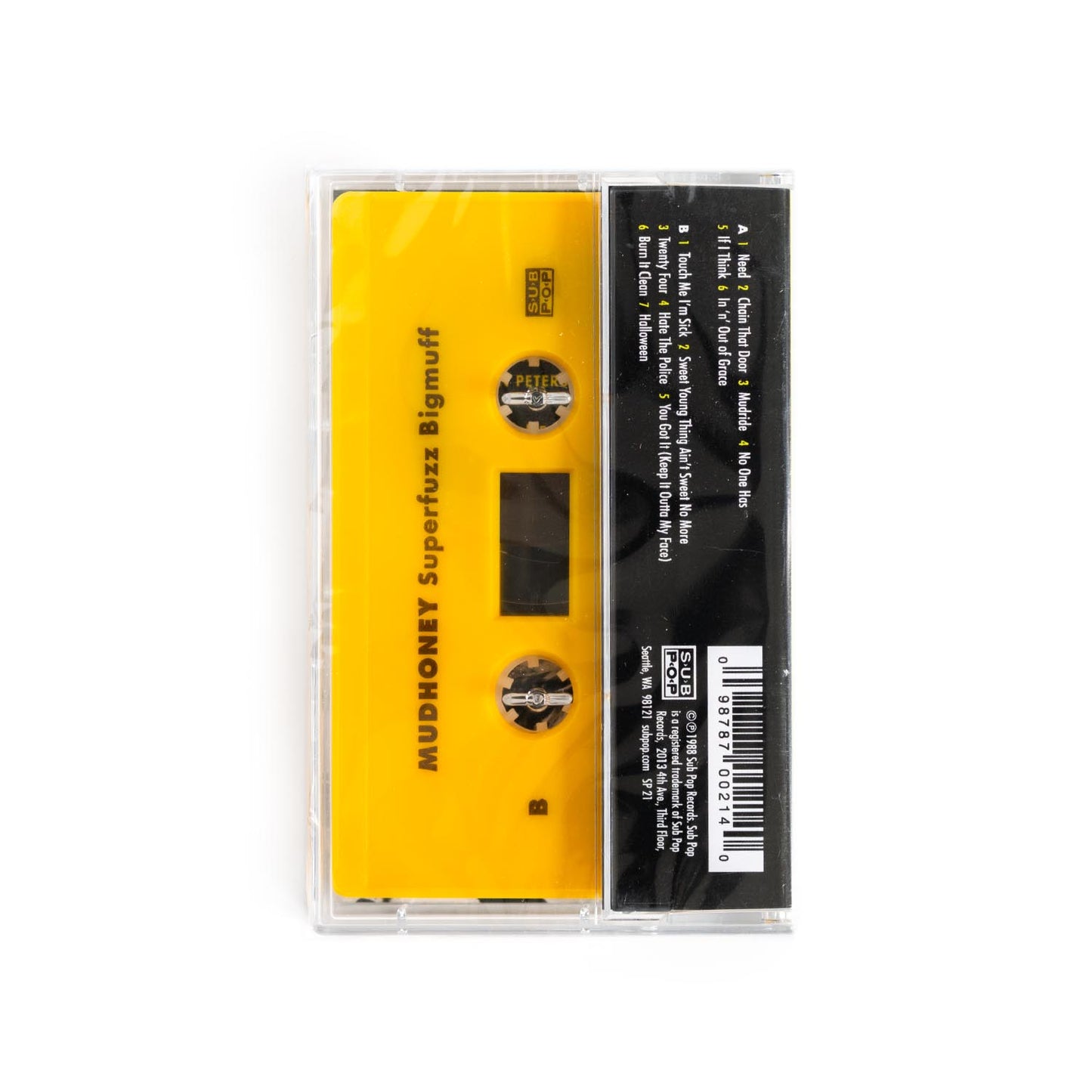 Back cover of Mudhoney Superfuzz Bigmuff cassette tape. The cassette shell is orange. Back of J Card has track list and Sub Pop logo.
