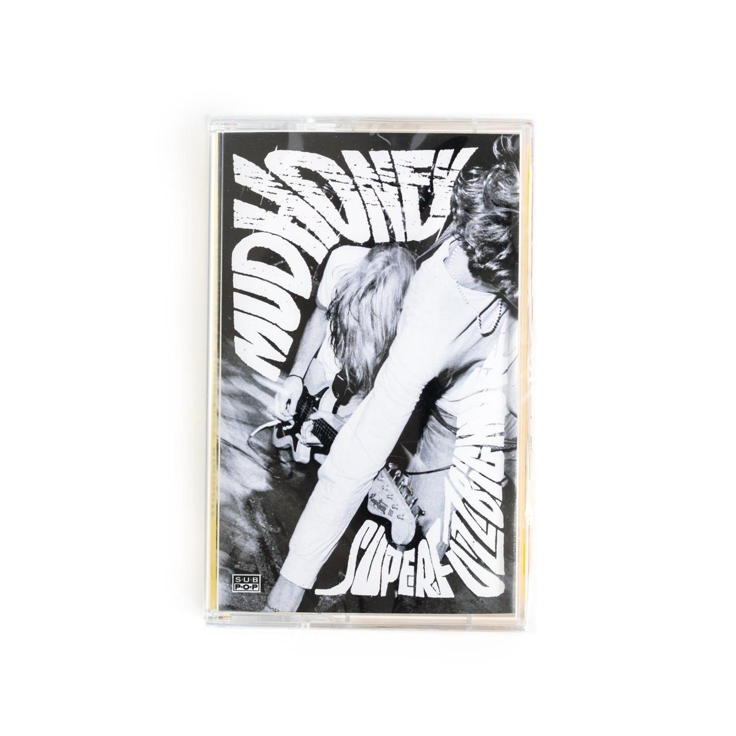 Cassette tape cover of Mudhoney Superfuzz Bigmuff with a black and white photograph of the band with hand drawn lettering.