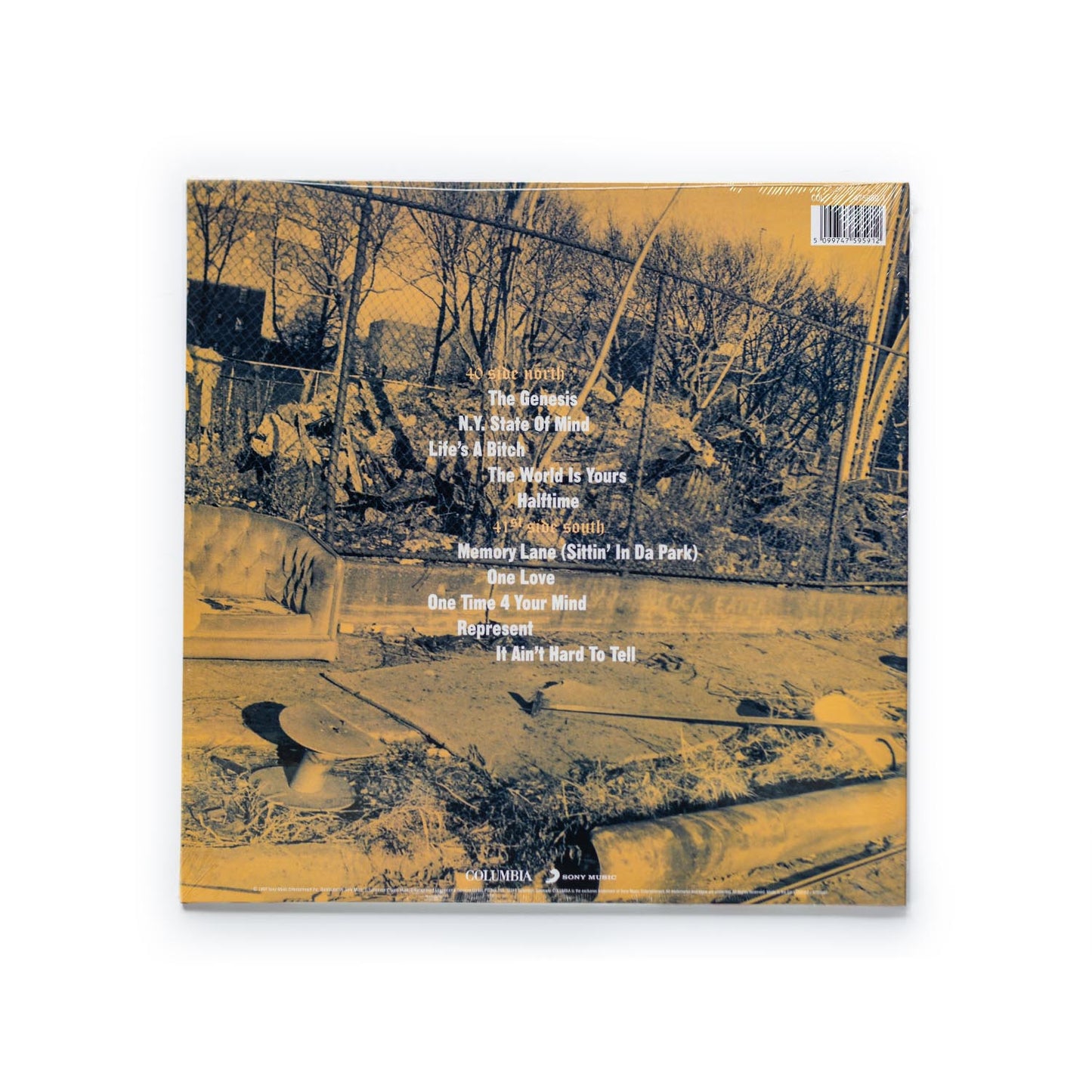 Nas – Illmatic European vinyl reissue back cover art featuring a photo of a city street.
