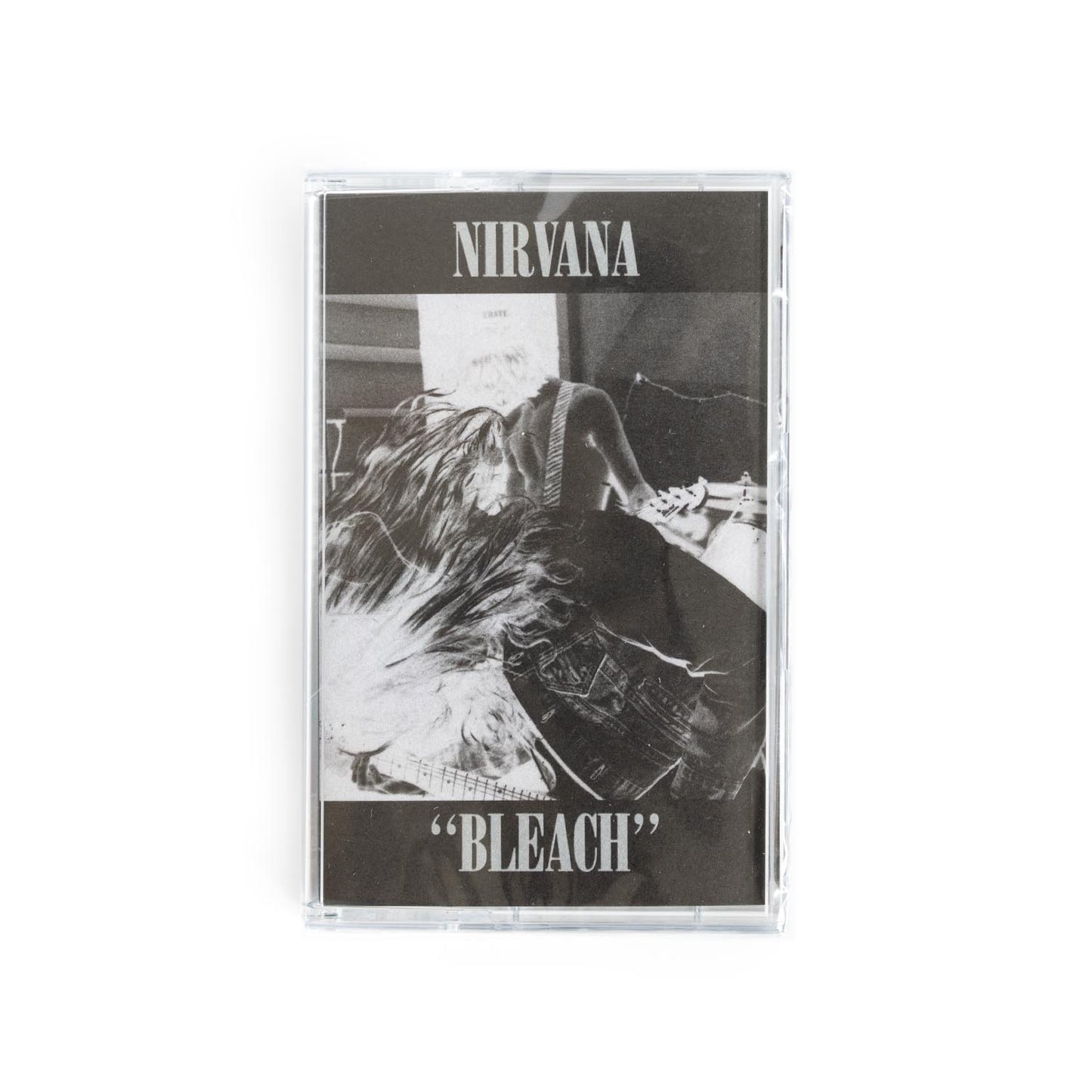 Nirvana Bleachcassette tape with 'Nirvana' and 'Bleach' on the cover against a black and white negative image of the band.