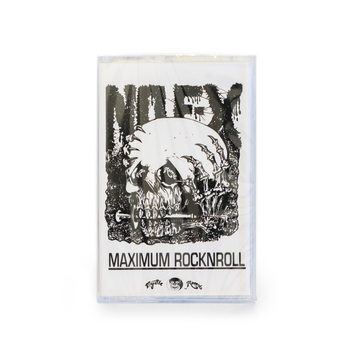 Front cover of NOFX Maximumrocknroll cassette tape featuring a black and white illustration of a skull with a syringe in it's mouth.