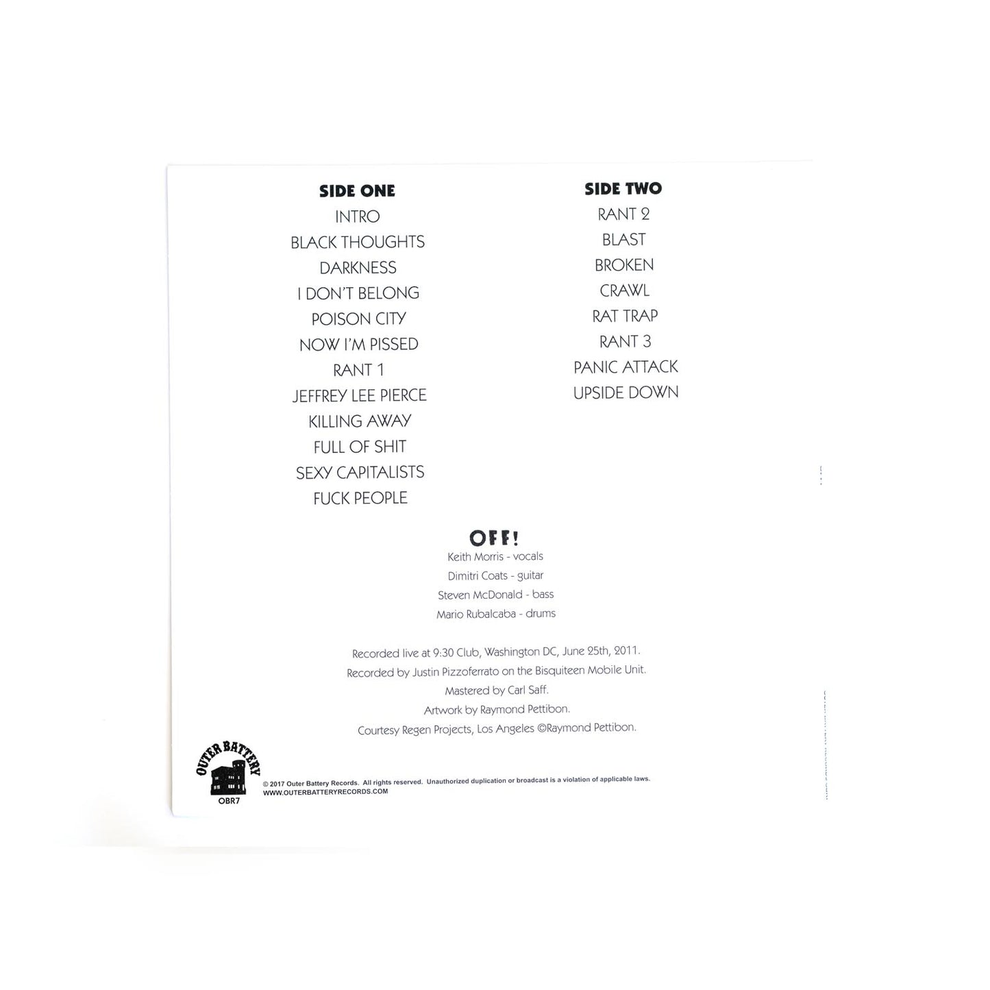 Album tracklist with side one and side two listings on a white background. Band credits listed: Keith Morris, Dimitri Coats, Steven McDonald, and Mario Rualcaba.