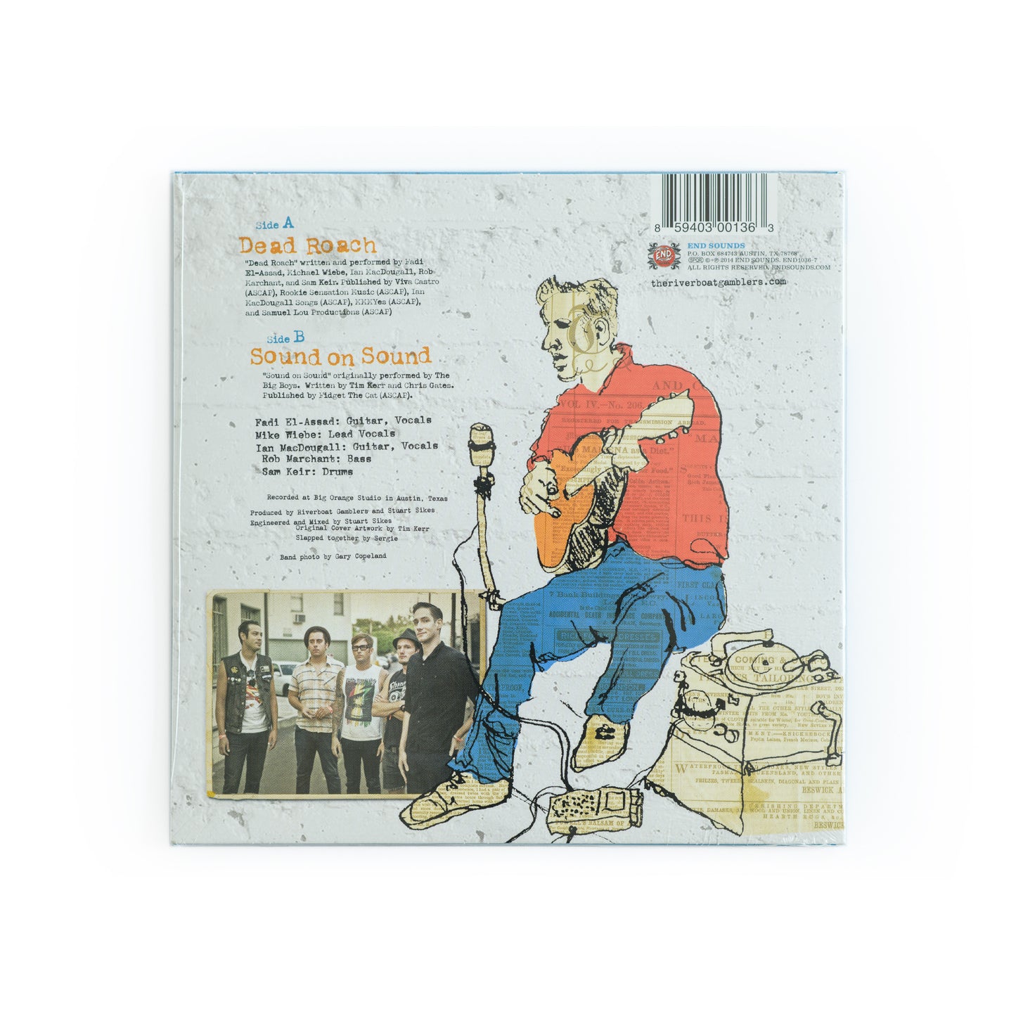 Back cover of Dead Roach 7" EP by Riverboat Gamblers, showcasing an illustrated punk rocker playing guitar and singing into a microphone. Includes a band photo, tracklist for “Dead Roach” and “Sound on Sound,” and gritty punk rock design elements. Ideal for fans of underground vinyl artwork.
