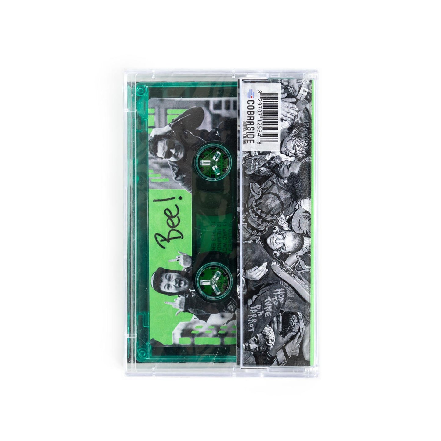 Back cover of Deathset How To Tune a Parrot cassette tape with green label and black and white design.