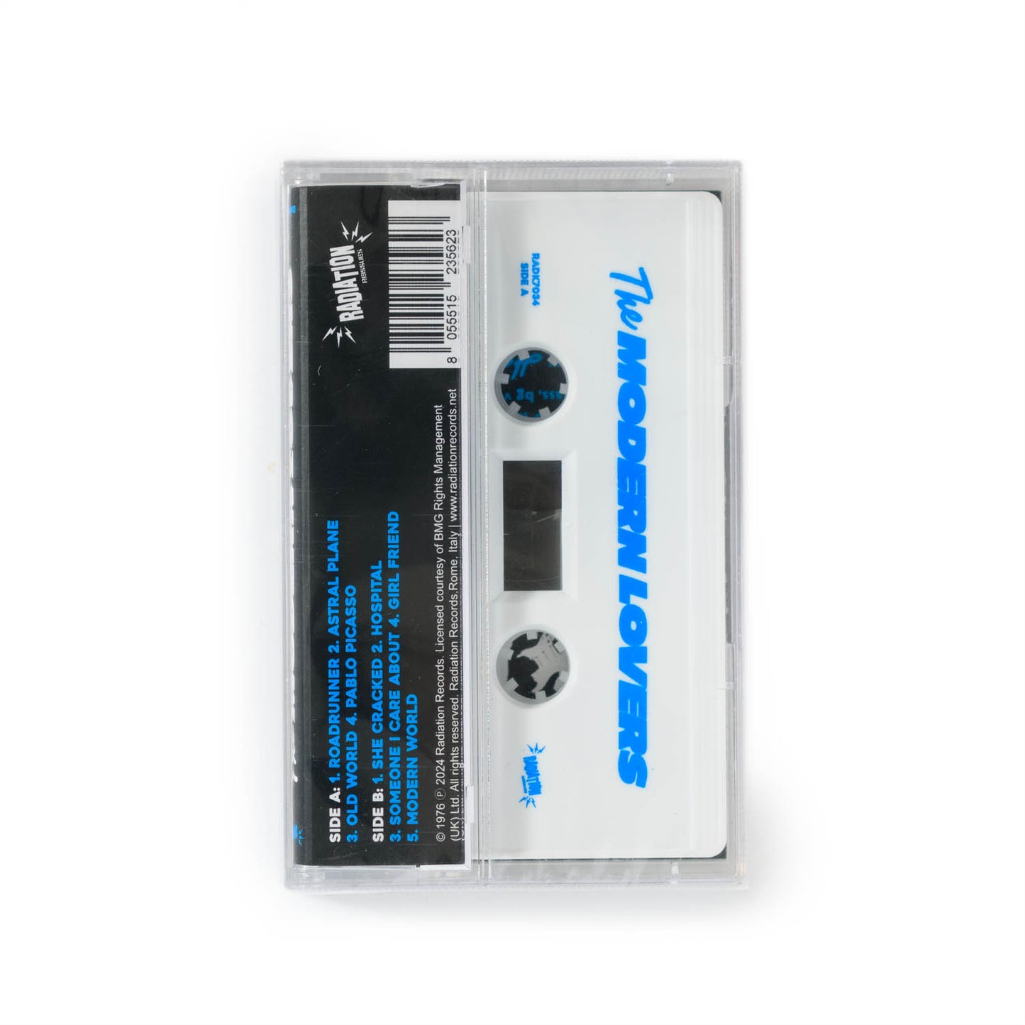 Back cover of the Radiation Reissues The Modern Lovers self titled cassette tape. Features track listing in blue. Cassette tape is white with The Modern Lovers printed in bold blue type.