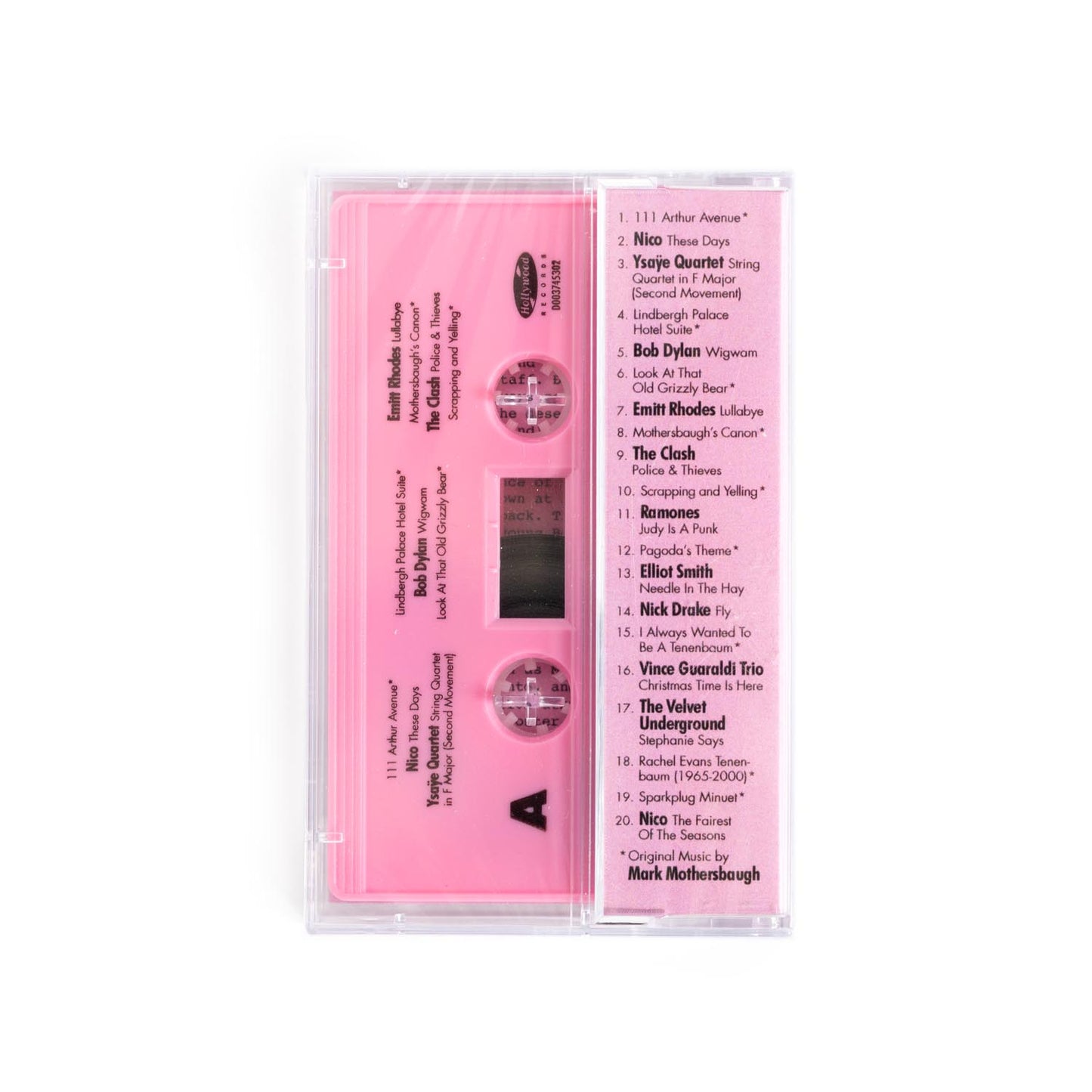 Pink Royal Tennenbaums cassette tape with black text on a pink background.