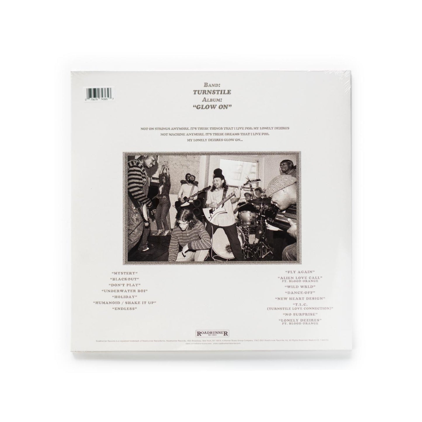 Turnstile Glow On vinyl back cover featuring full tracklist, production credits, and barcode for the 2023 Indie Exclusive Violet Vinyl pressing