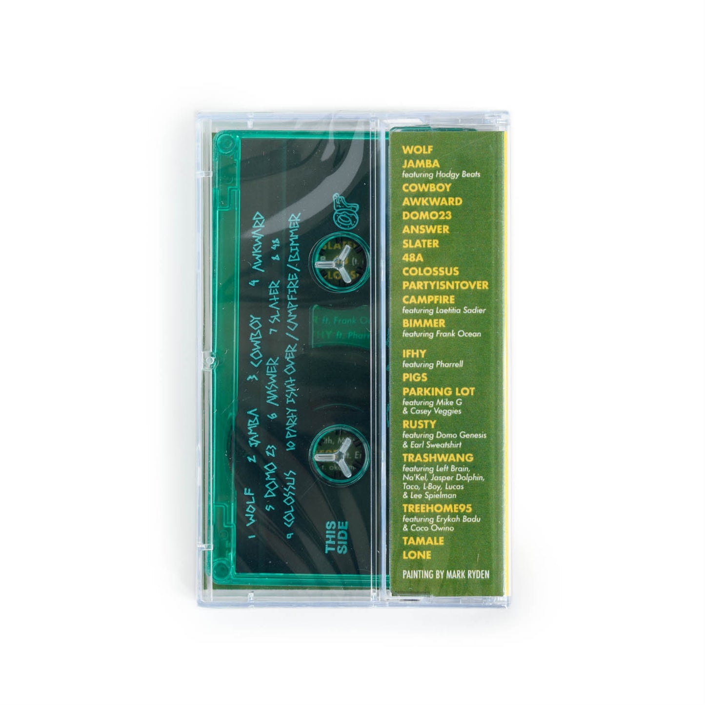 Back cover of Tyler the Creator Wolf cassette tape. The track list is printed on the J Card and the tape is housed in a green shell.