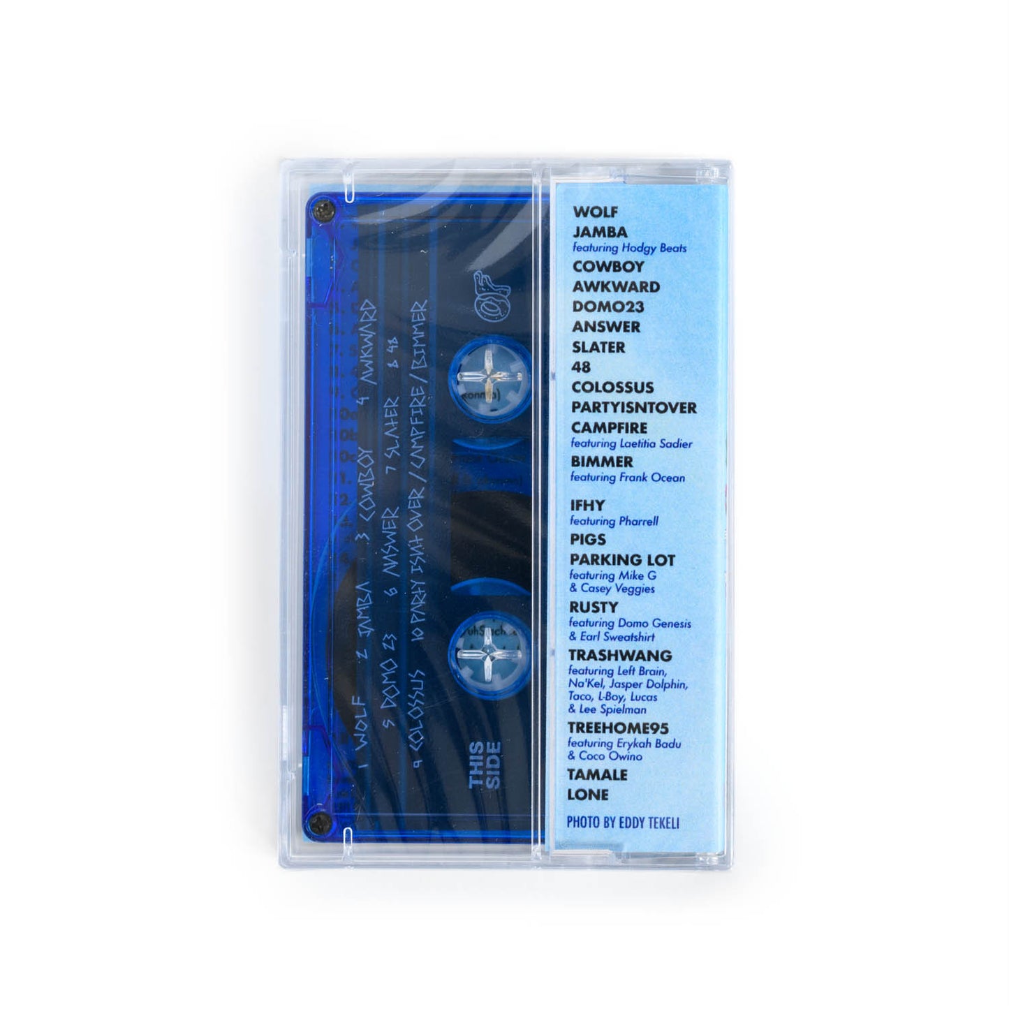 Back cover of Tyler The Creator Wolf cassette, showing the track list and blue cassette tape.