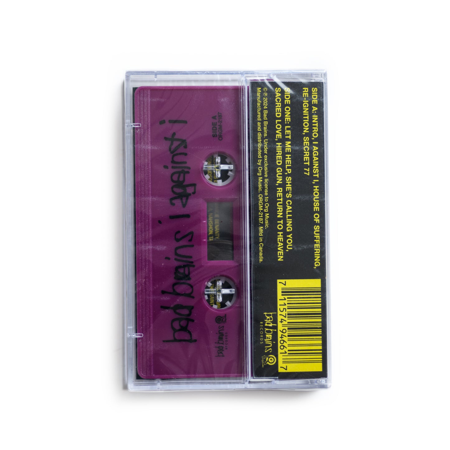 Back cover of Bad Brains I Against I reissue cassette showing tracklist, production credits, and detailed reissue markings and purple cassette. 