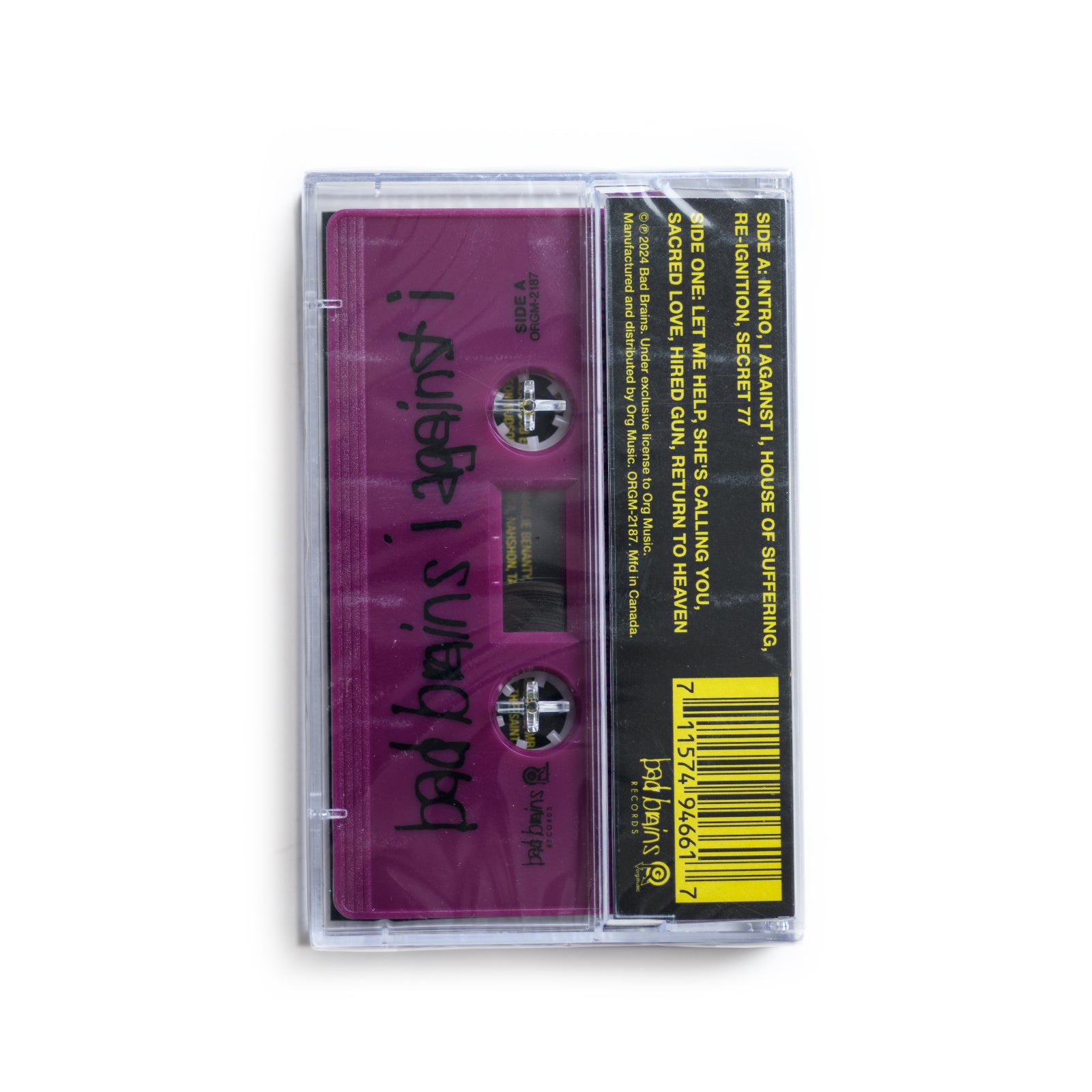 Back cover of Bad Brains I Against I reissue cassette showing tracklist, production credits, and detailed reissue markings and purple cassette. 