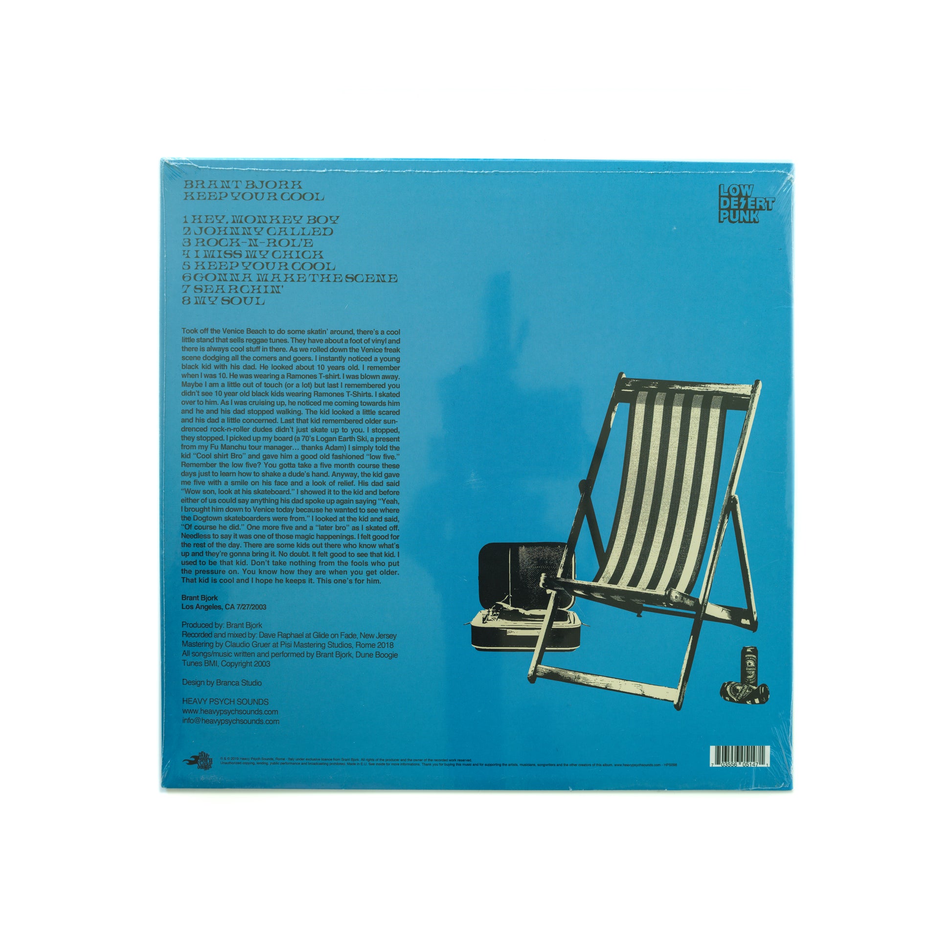 Back cover of Brant Bjork – Keep Your Cool LP reissue, displaying reimagined cover design elements, updated album credits, and a reworked tracklist layout—all set against a stylish, throwback aesthetic that echoes the album’s, soulful, and psychedelic rock energy.