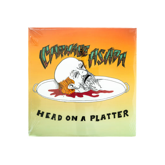 Front cover illustration of Carnage Asada's Head on a Platter, featuring surreal, hand-drawn artwork of a head on a platter by George Murillo.