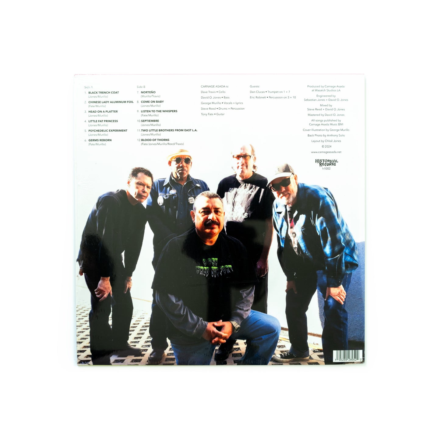 Back cover of Head on a Platter featuring tracklist, production credits, and a band photo including George Murillo, David O. Jones, Dave Travis, and Tony Fate. Photo by Anthony Solis.

