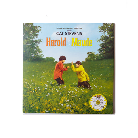 Cat Stevens Harold and Maude 2022 reissue LP front cover featuring the movie’s iconic artwork with a vintage photo of Harold and Maude, and album title in bold typography. 