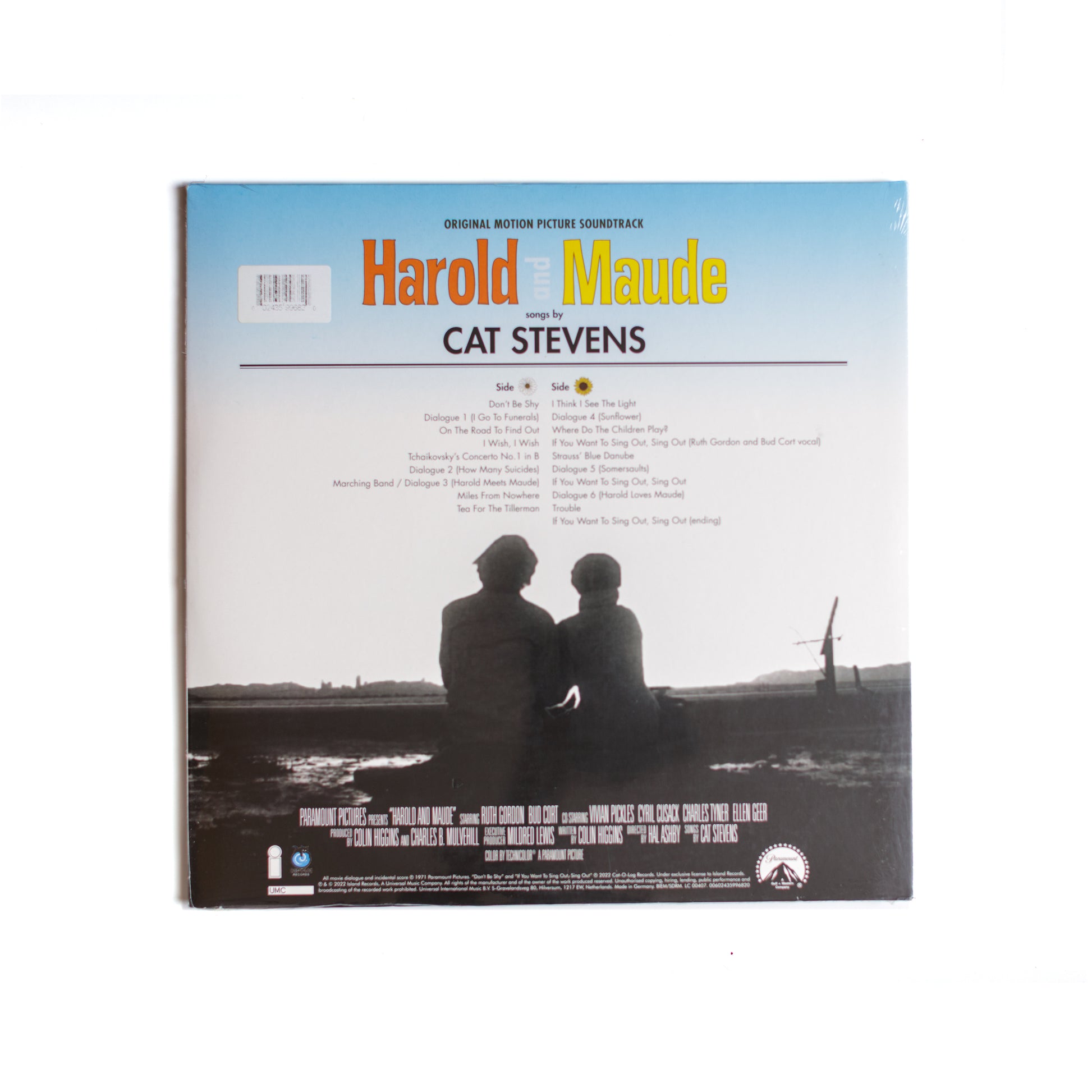 Back cover of Harold and Maude LP with tracklist, credits, and 2022 reissue details, featuring simple design and subtle film-inspired elements. 