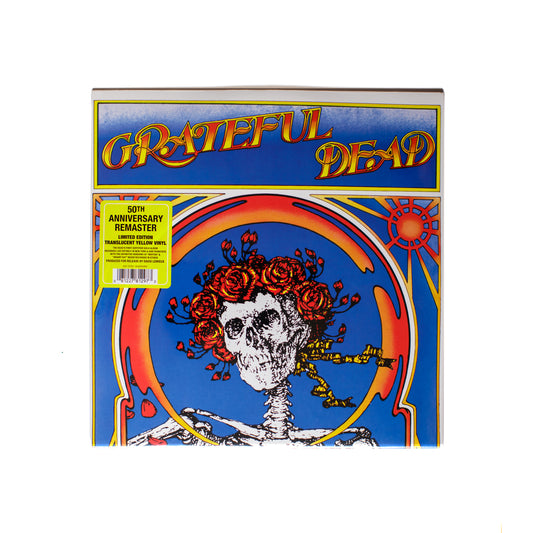 Grateful Dead Skull & Roses 50th Anniversary LP front cover with iconic skeleton artwork holding roses and classic band logo.