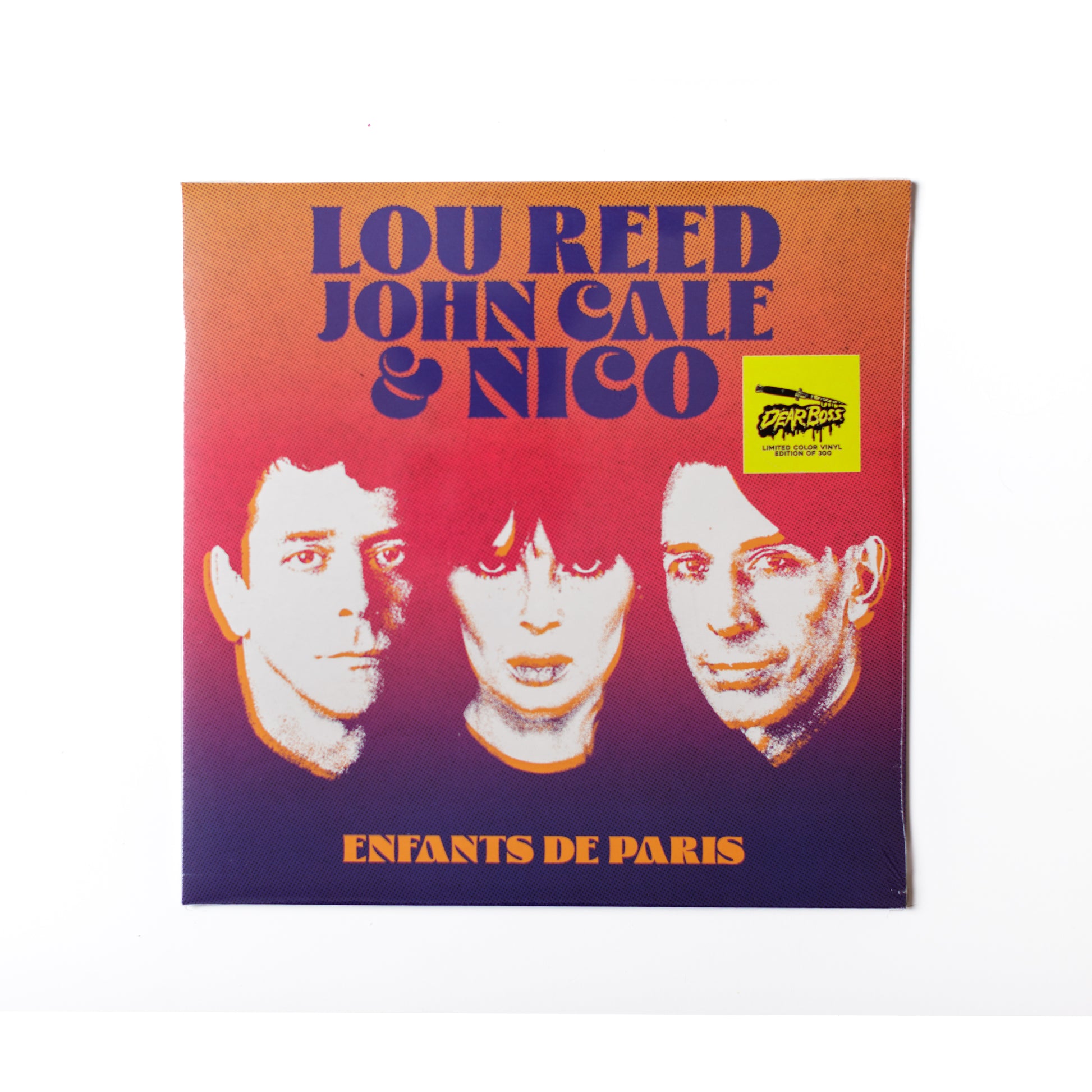 Lou Reed, John Cale, Nico Enfants De Paris LP front cover featuring vintage photo of trio with minimalist type and stark monochrome aesthetic.