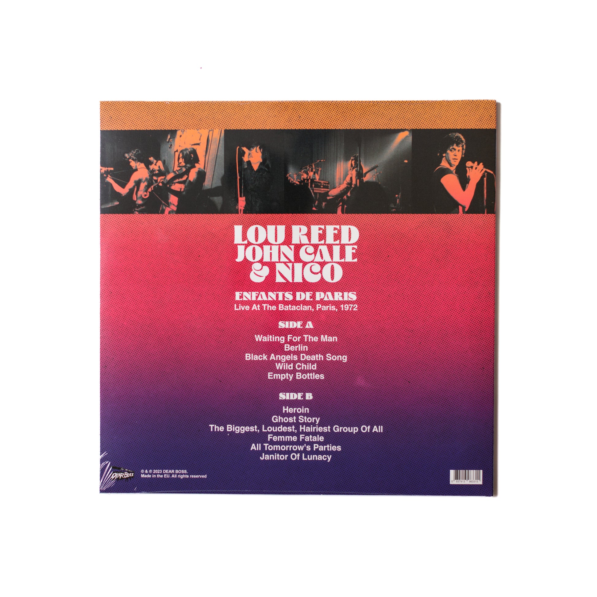 Back cover of Enfants De Paris LP showing tracklist, grainy concert photo, and simple liner notes in black and white layout.