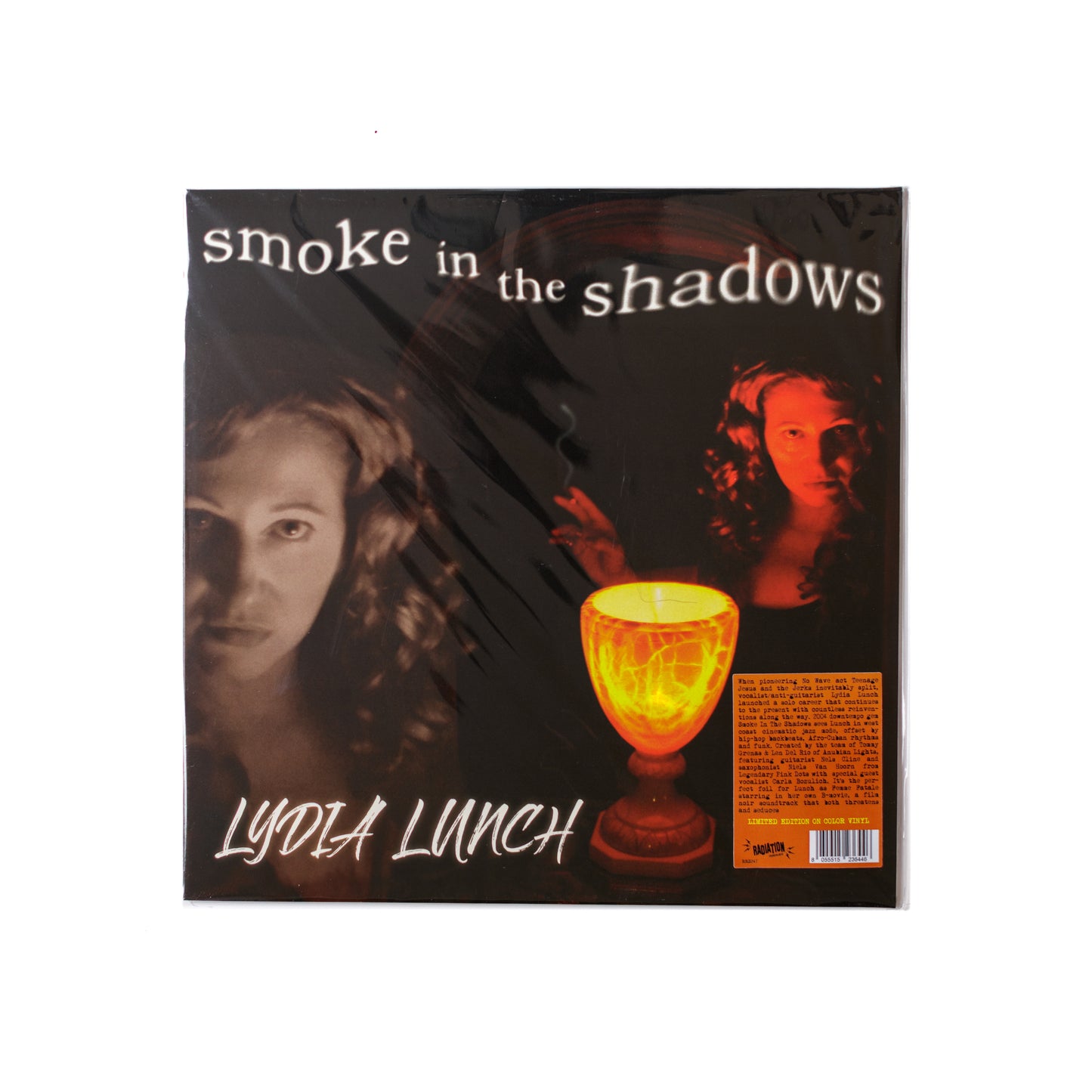 Lydia Lunch Smoke In The Shadows LP front cover with dramatic portrait and moody, stylized typography. 