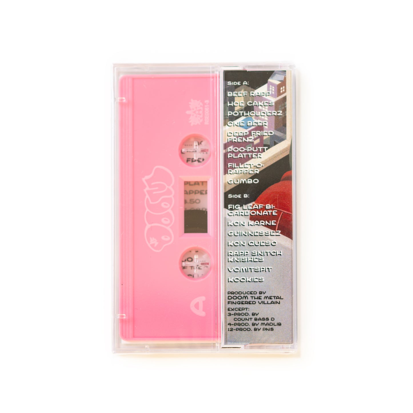 Back cover of MF DOOM MM...FOOD cassette with tracklist and pink cassette tape. 