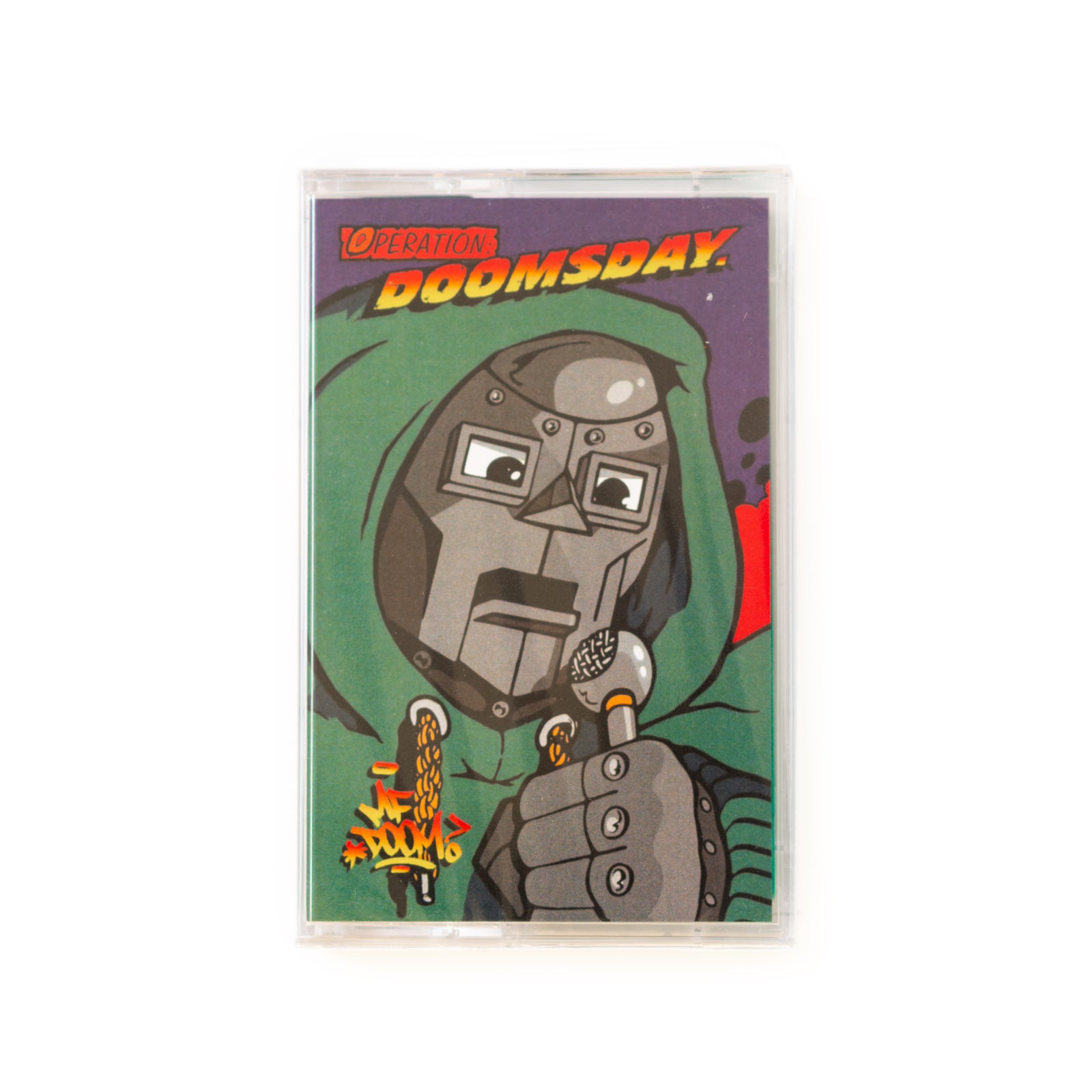 MF DOOM Operation Doomsday cassette front cover with iconic DOOM mask artwork and bold, vintage-style typography. 