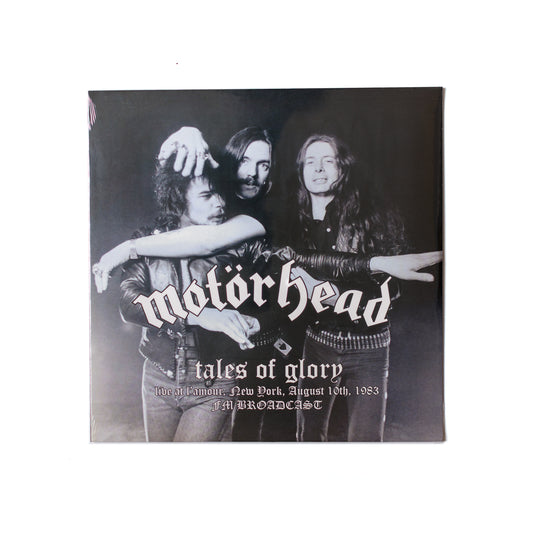 Motörhead Tales Of Glory LP front cover with gritty black-and-white photo of Lemmy and bold gothic text over a high-contrast image.