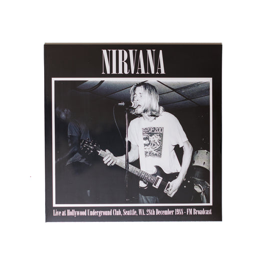Nirvana Live at Hollywood Underground Club LP front cover with vintage concert photo of Kurt Cobain mid-performance.