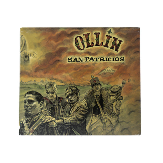 Front cover of Ollin San Patricios CD featuring stylized green and white illustration of the San Patricio Battalion flag with shamrock and cross, 2000s Chicano punk and folk fusion album from East LA band Ollin, honoring Irish-Mexican history.