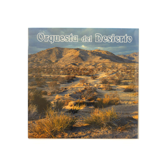 Front cover of Orquesta del Desierto self-titled vinyl LP, an image of the the high desert landscape, warm, earthy tones, a hazy California desert horizon, and stylized text—evoking the laid-back, sunbaked vibe of early 2000s stoner rock and psychedelic Americana.