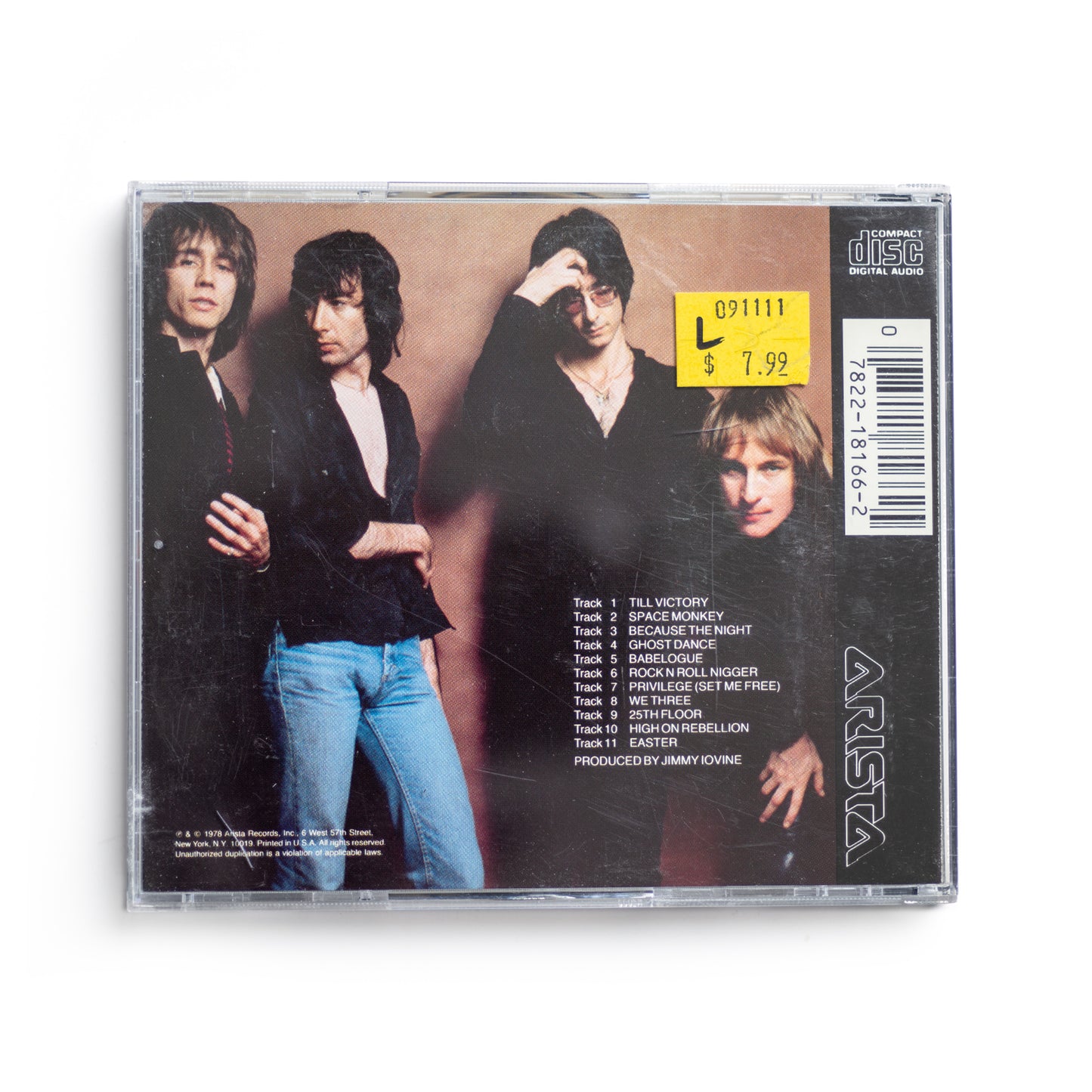 Back cover of Patti Smith Easter CD showing complete tracklist including 'Till Victory,' 'Because the Night,' classic 1978 Arista Records release by punk pioneer Patti Smith, poetic and political themes.