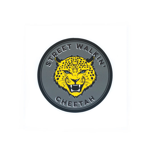 3.5-inch round black vinyl sticker featuring a cheetah in the center — inspired by The Stooges’ “Search and Destroy” lyric — matte, waterproof, and UV coated.
