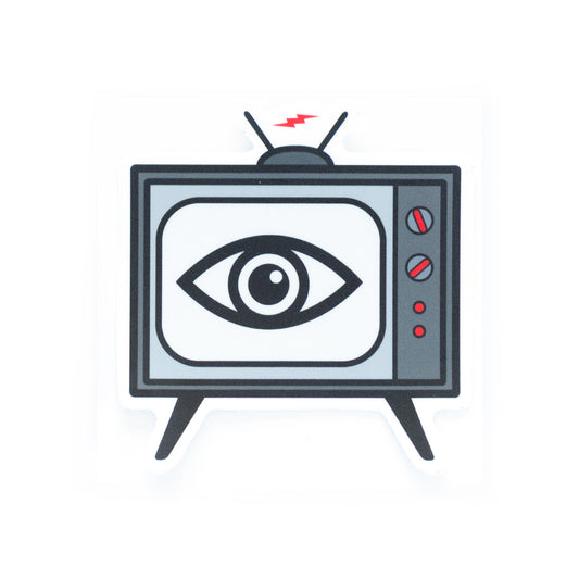 3-inch die cut vinyl sticker with an illustrated vintage TV set and a staring eye on the screen — inspired by The Stooges song “TV Eye” — weatherproof matte finish.