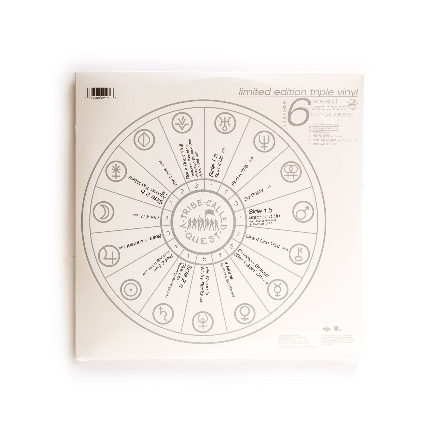 Back cover of A Tribe Called Quest – The Love Movement 3xLP vinyl album. 2023 Jive/Legacy reissue with full tracklist and production credits from The Ummah.