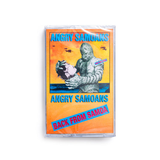 Cassette tape with 'Angry Samoans' cover featuring a graphic design on an orange background.