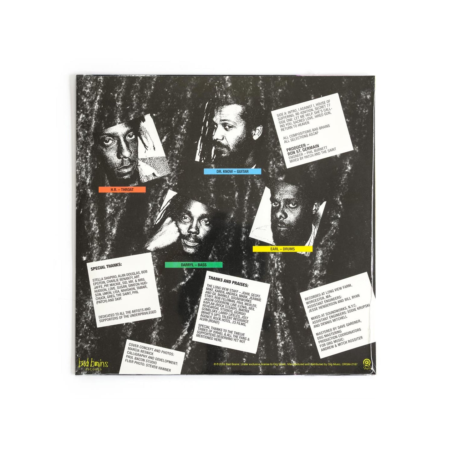 Back cover of Bad Brains' I Against I black vinyl LP with tracklist and credits in classic SST style layout.