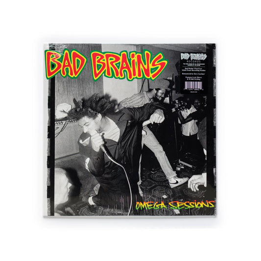 Bad Brains – The Omega Sessions vinyl EP front cover featuring bold yellow and red text, over an iconic photo by Glen E. Friedman of HR and Dr. Know.