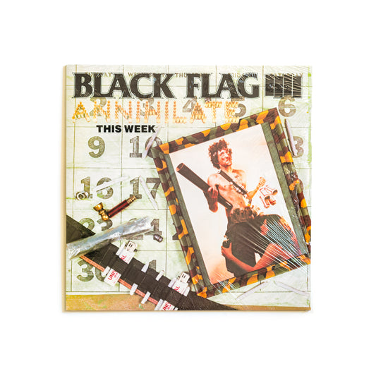 Album cover for Black Flag Annihilate This Week 12". Background of a calendar with a photo of a "Party Machine" holding a six pack of beer. 