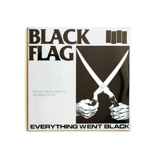 Black Flag album cover with crossed garden shears and text on a white background