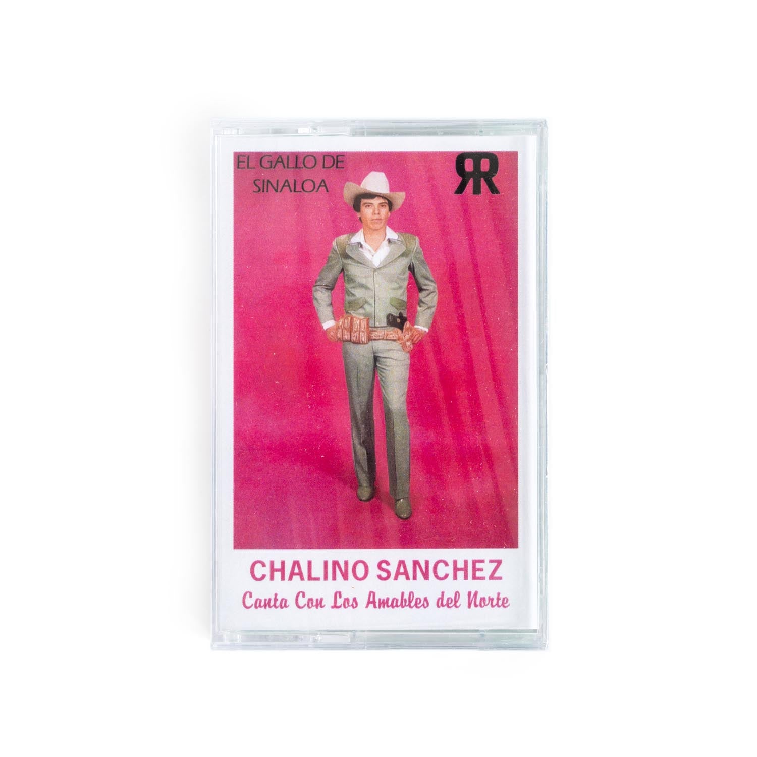 Cassette tape with a pink cover featuring a photo of Chalino Sanchez in a cowboy hat against a pink background. 