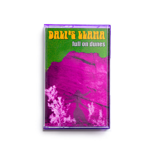 Dali's Llama Full On Dunes cassette tape with a purple and green design on a white background