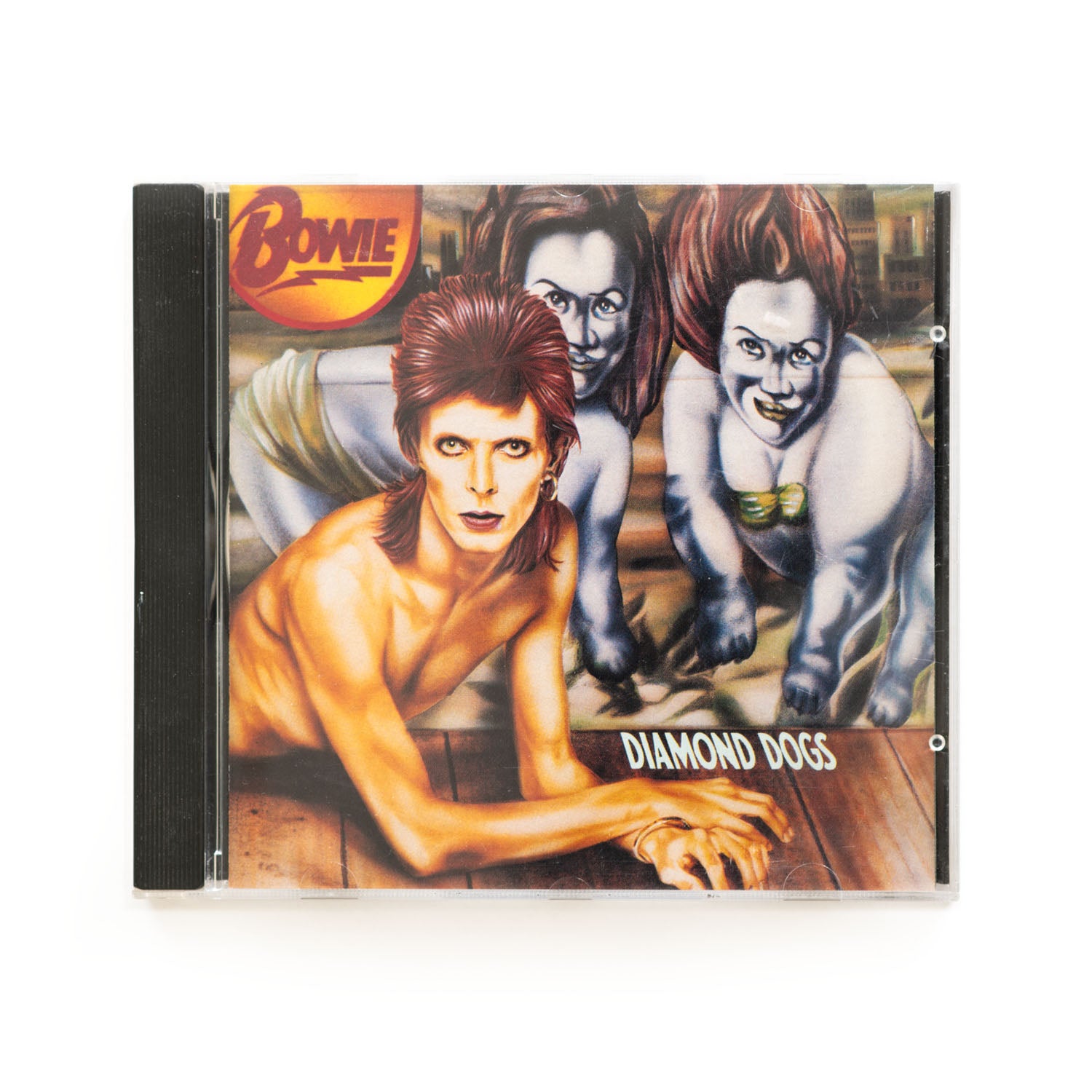 David Bowie Diamond Dogs CD cover featuring an illustration of the artist with Bowie in a stylized lightning bolt design in the top left. 