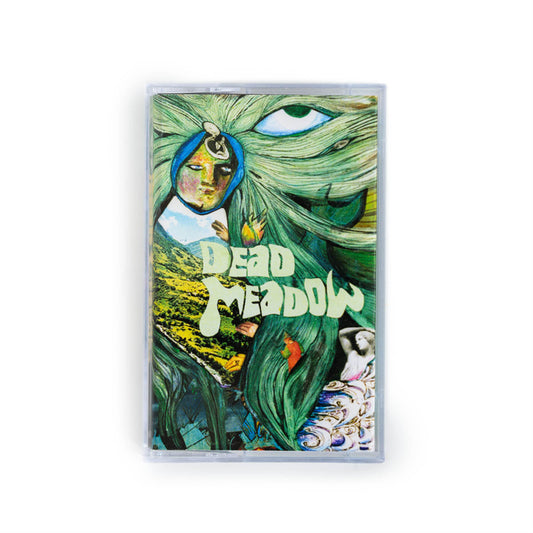 Front cover of Dead Meadow self titled cassette tape. Collage artwork and Dead Meadow in hand drawn type. 