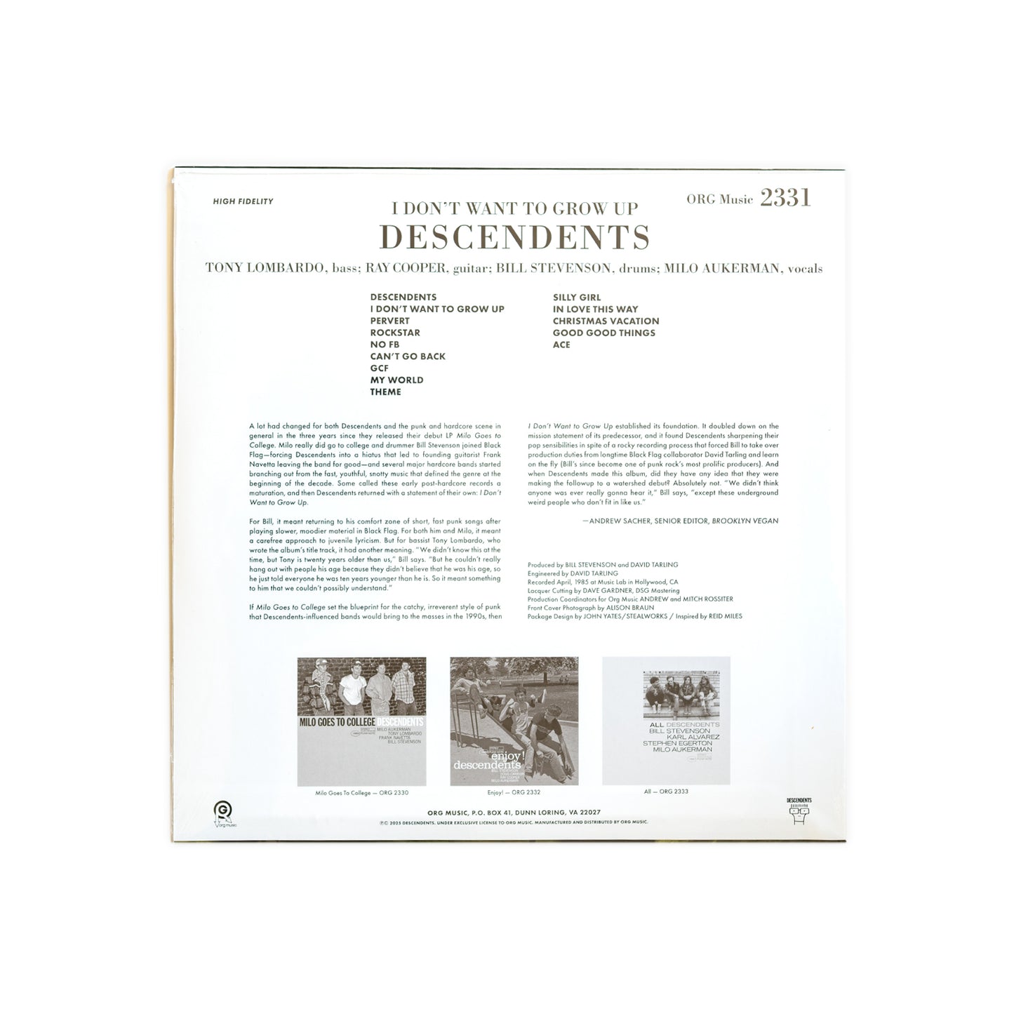 Back cover of a Descendents I Don't Want To Grow Up Punk Note LP with text and small images on a white background. 