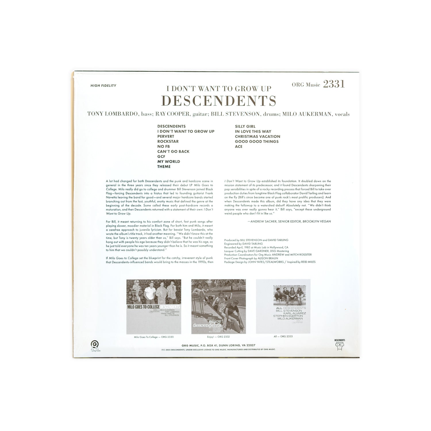 Back cover of a Descendents I Don't Want To Grow Up Punk Note LP with text and small images on a white background. 