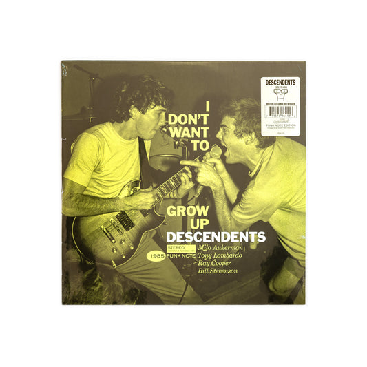 Vinyl album cover with Milo Aukerman and  Ray Cooper with text 'I Don't Want to Grow Up' by Descendents. Punk Note edition. 