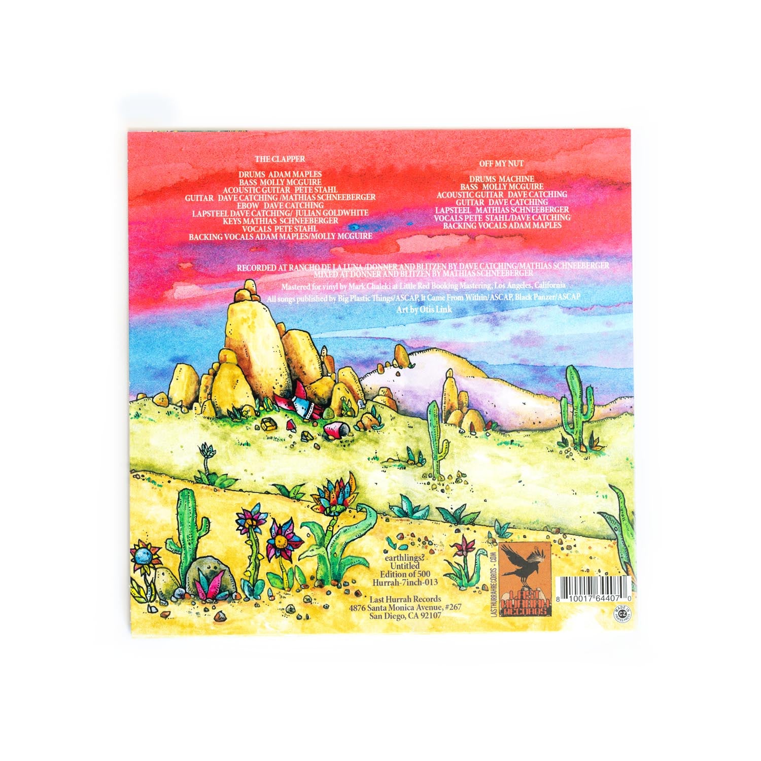 Back cover of Earthlings 7 inch with desert landscape illustration and colorful design. Credits include: Adam Maples, Molly McGuire, Pete Stahl, Dave Catching, Julian Goldwhite, Mathias Schneeberger. 