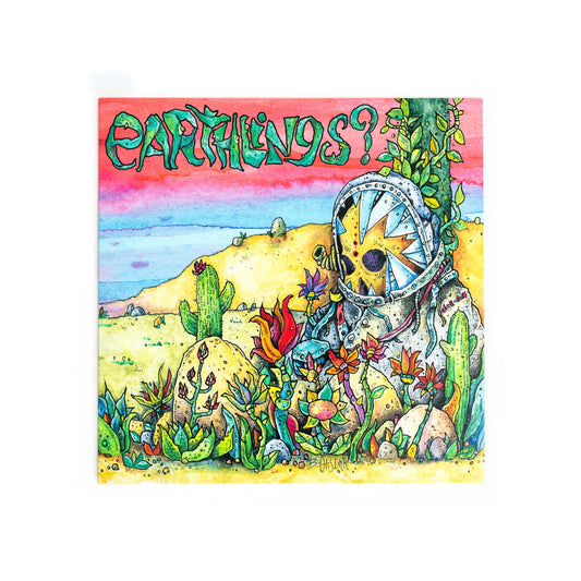 Earthlings self-titled 7 inch cover with colorful surrealistic desert art by Otis Link. 